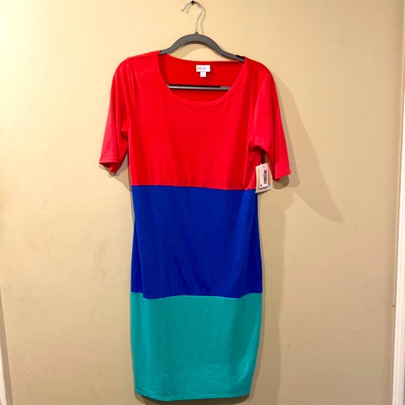 Lularoe Color block Julia Dress Pink, Navy & Green sz M Medium NWT - Picture 1 of 7